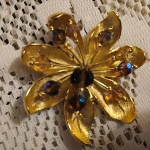 Vintage Coro Floral Rhinestone Brooch with Dimensional Design Signed Coro